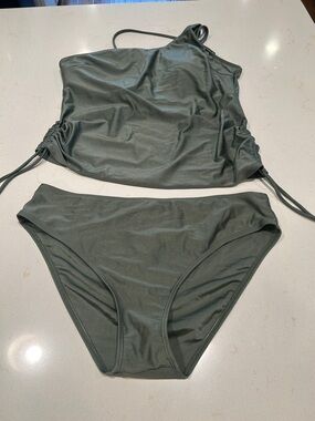 One-Shoulder Olive Green shimmery Tankini Swim Set - Women